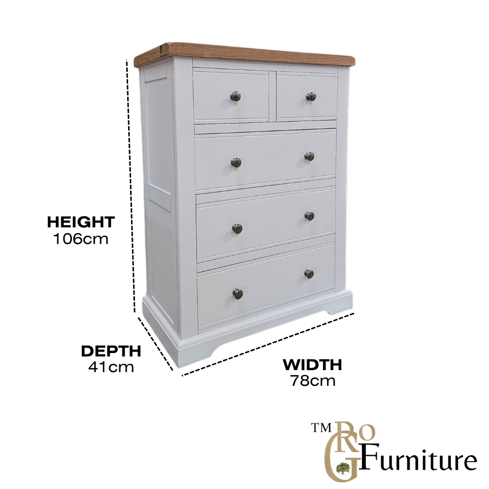 Snow White Medium 2 over 3 Chest of Drawers, Fully Assembled Chest of Drawers, Painted White Chest of Drawers