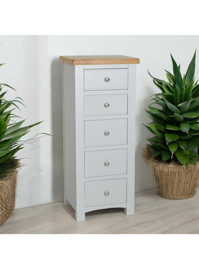 Cashmere Grey Slim Wellington Chest, Tallboy, 5 Deep Drawers, Painted Bedroom Furniture, Grey Chest of Drawers fully Assembled