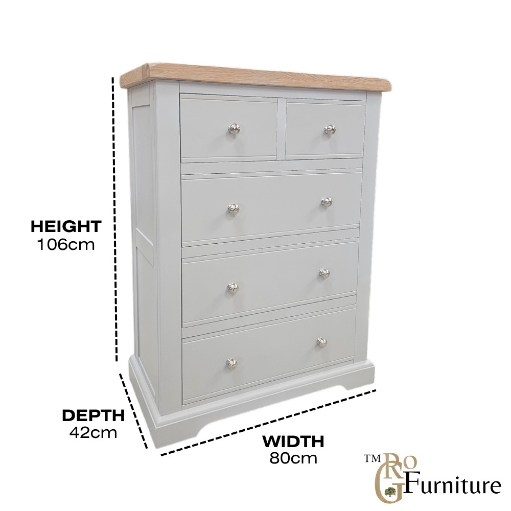 Tusk Grey Medium 2 over 3 Chest of Drawers, Fully Assembled Chest of Drawers, Painted Grey Chest of Drawers