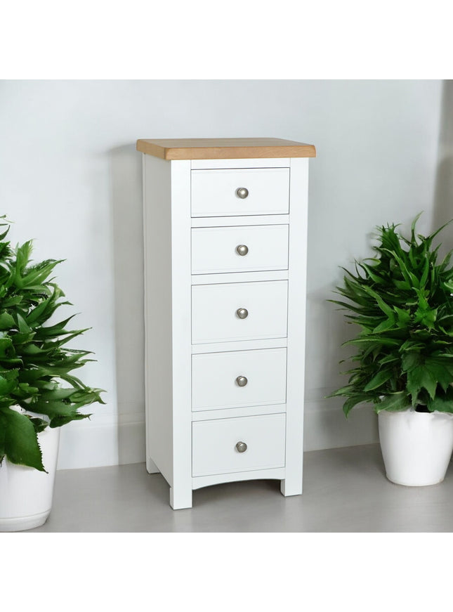 Snow White Chest of Drawer Slim Tallboy, 5 Drawer Tall Chest, Fully assembled