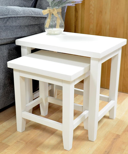 White Painted Nest of 2 Coffee Tables, Stackable Table Decor, for Living Room, Solid Wooden Nesting Tables, Lamp Table, Sofa Table, Ready Assembled