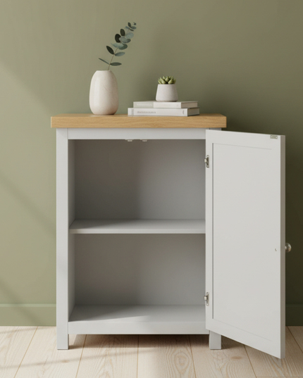 GROFurniture Oak Painted Grey Cabinet, Hallway Shoe Storage Rack, Corner Cabinet Shoe Storage, Kitchen Utility Cupboard, Storage Cupboard