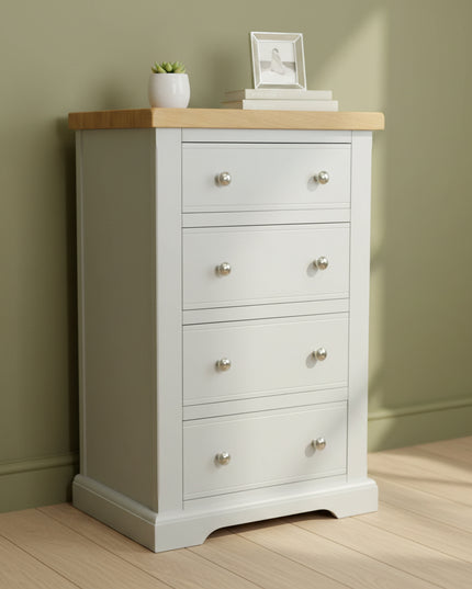 Cashmere Grey 4 Drawer Chest of Drawers with Oak Top