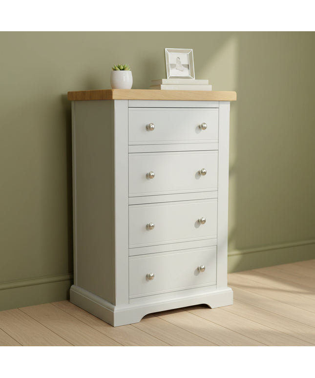 Cashmere Grey 4 Drawer Chest of Drawers with Oak Top