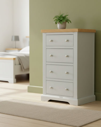 Cashmere Grey 4 Drawer Chest of Drawers with Oak Top