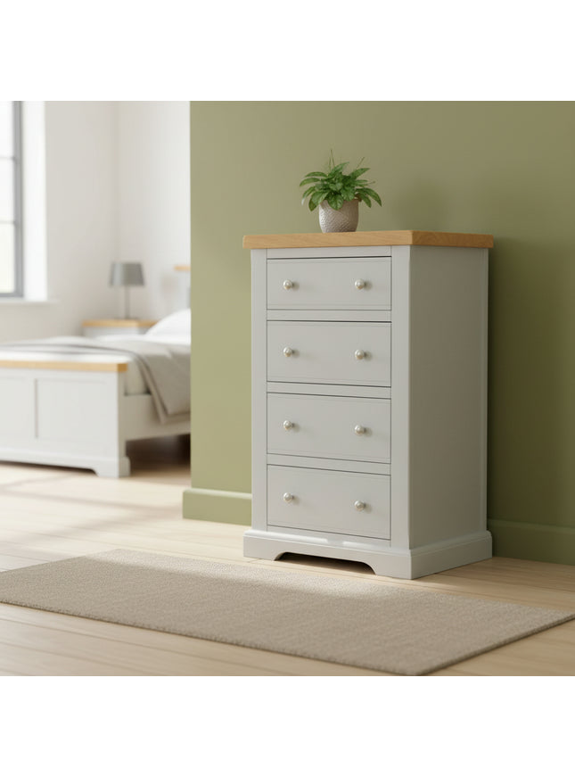 Cashmere Grey 4 Drawer Chest of Drawers with Oak Top