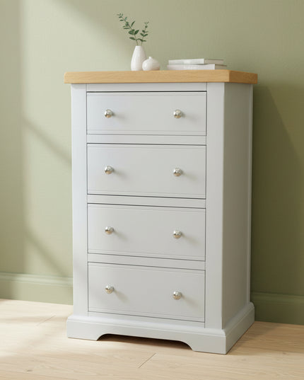 Cashmere Grey 4 Drawer Chest of Drawers with Oak Top